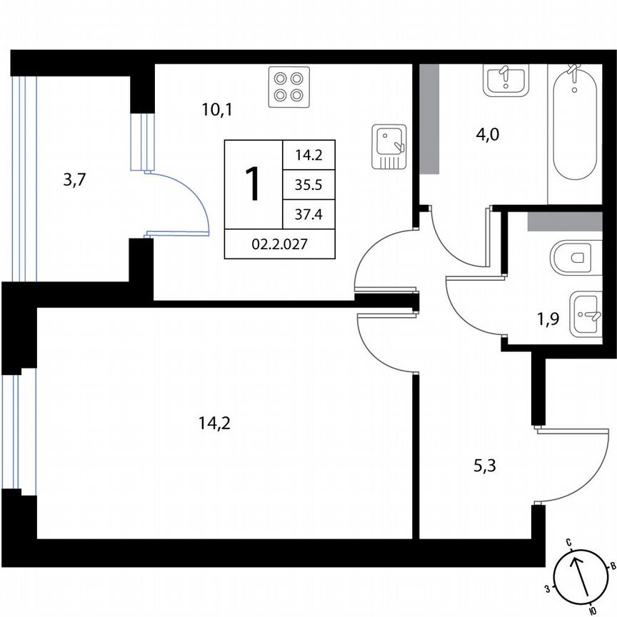 1-к. квартира, 37,4 м², 2/3 эт.