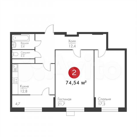 2-к. квартира, 74,5 м², 2/9 эт.
