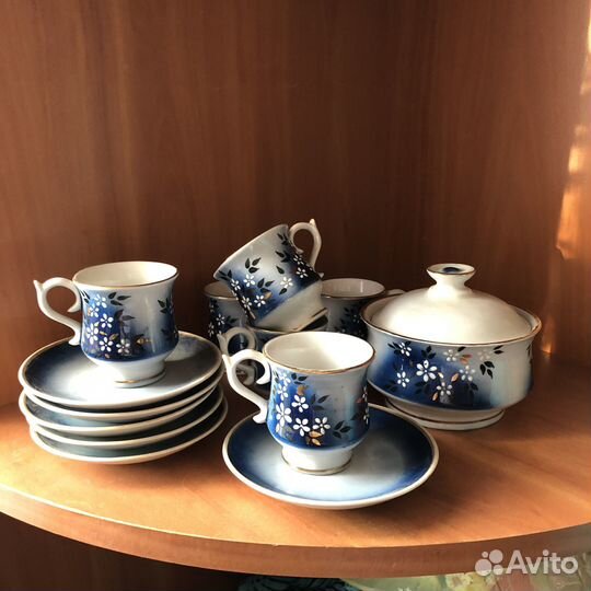 Сервиз кофейный СССР синий винтаж Бронницкий