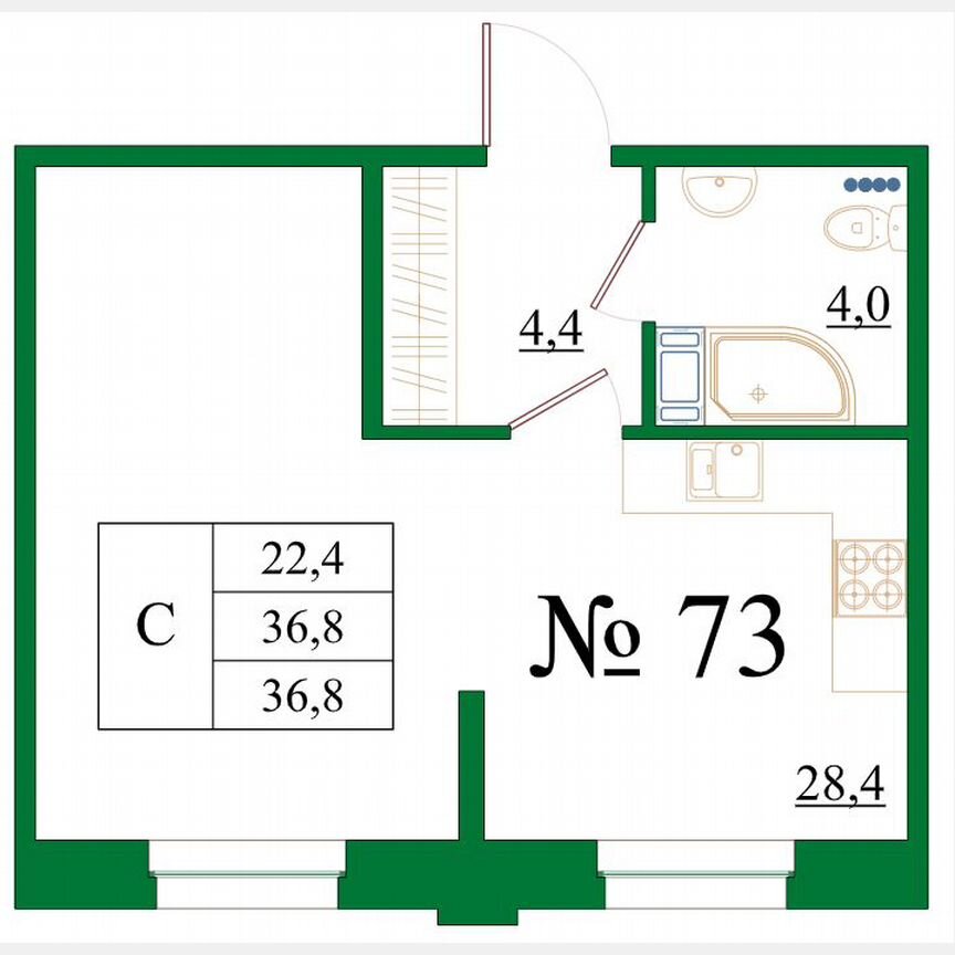 Квартира-студия, 36,8 м², 1/8 эт.