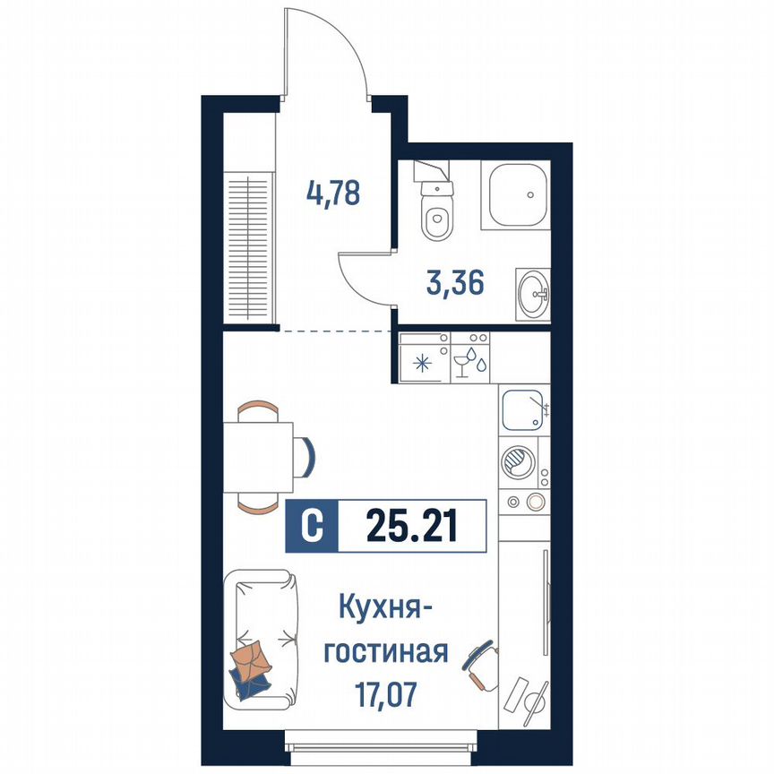 Квартира-студия, 25,2 м², 2/18 эт.