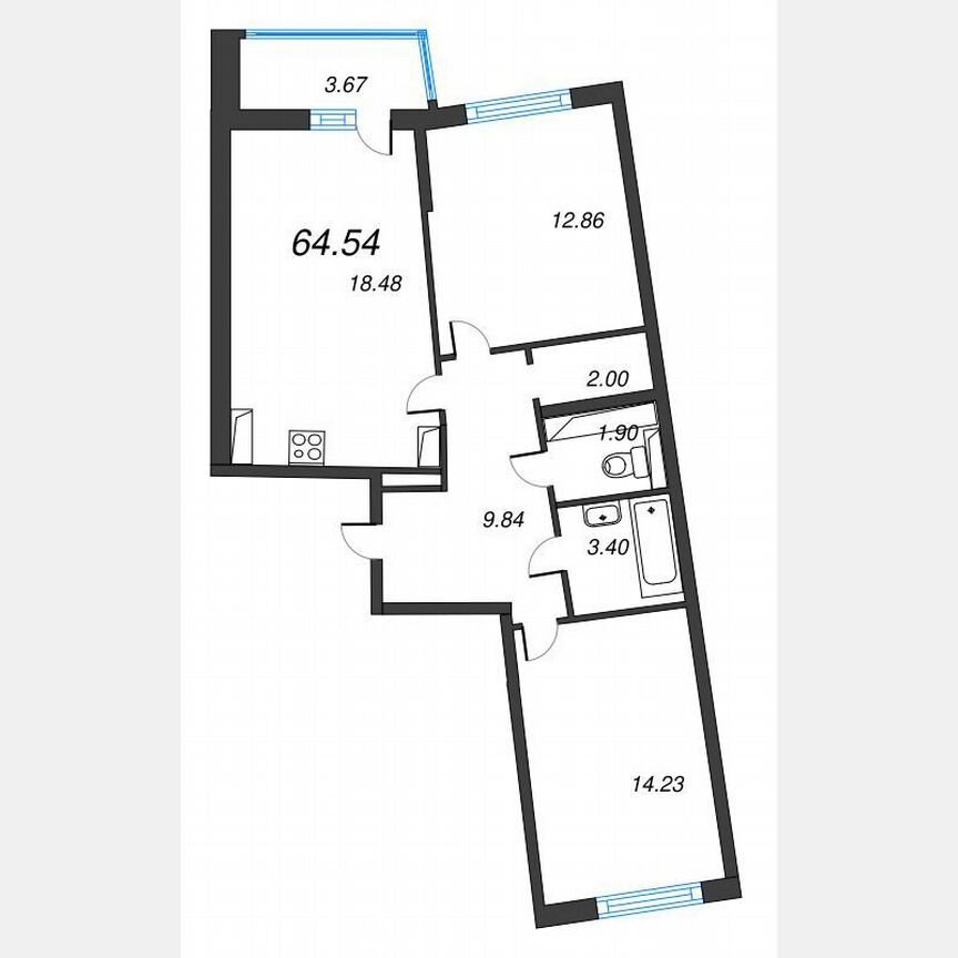 2-к. квартира, 66,4 м², 15/22 эт.