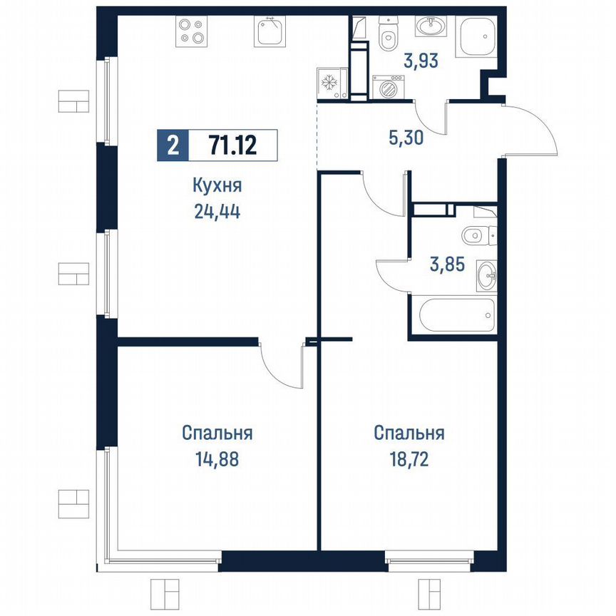 2-к. квартира, 71,1 м², 9/18 эт.