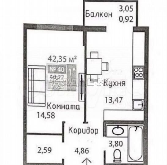 1-к. квартира, 43 м², 6/8 эт.