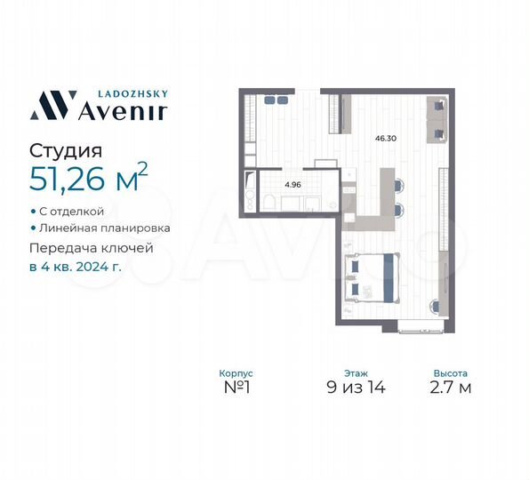 Апартаменты-студия, 51,3 м², 9/14 эт.