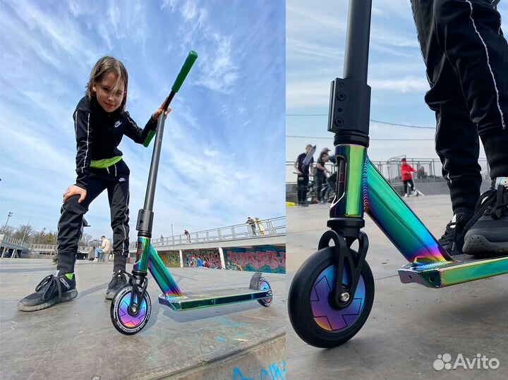 Самокат трюковой Mystique с лаймово-зелёными грипс