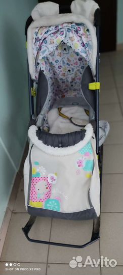 Детские санки коляска с колесами бу ника