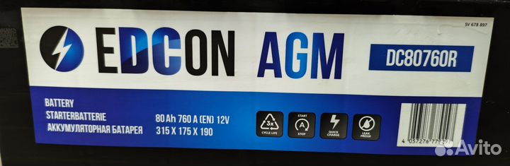Аккумулятор AGM edkon 80 чехия на гарантии