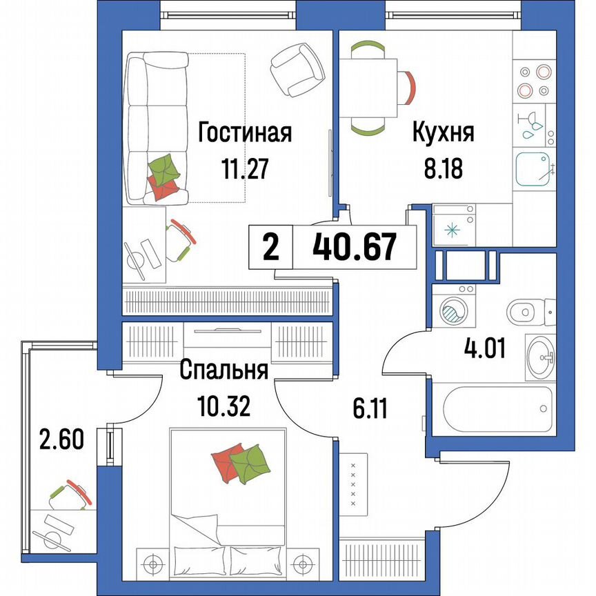 2-к. квартира, 40,7 м², 6/16 эт.