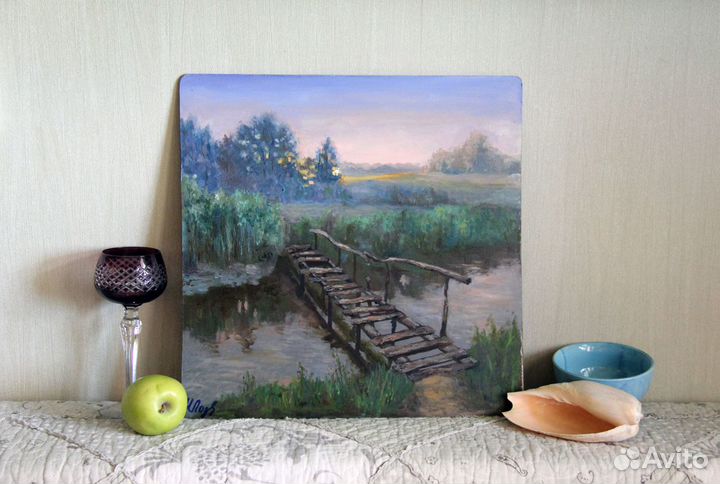 Картина Деревенский Пейзаж Мост через реку