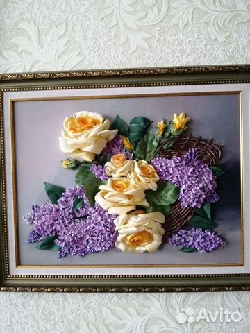 Букет в корзине. (вышивка атласными лентами. )