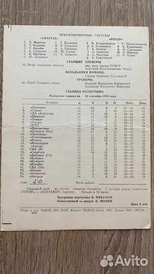 Футбольная программка Ротор - Спартак (Орджоникидз