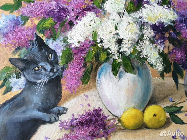 Картина маслом на холсте. Сирень и кошки. 40х50