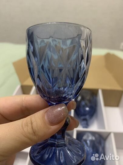 Бокалы из цветного стекла, синие 8шт