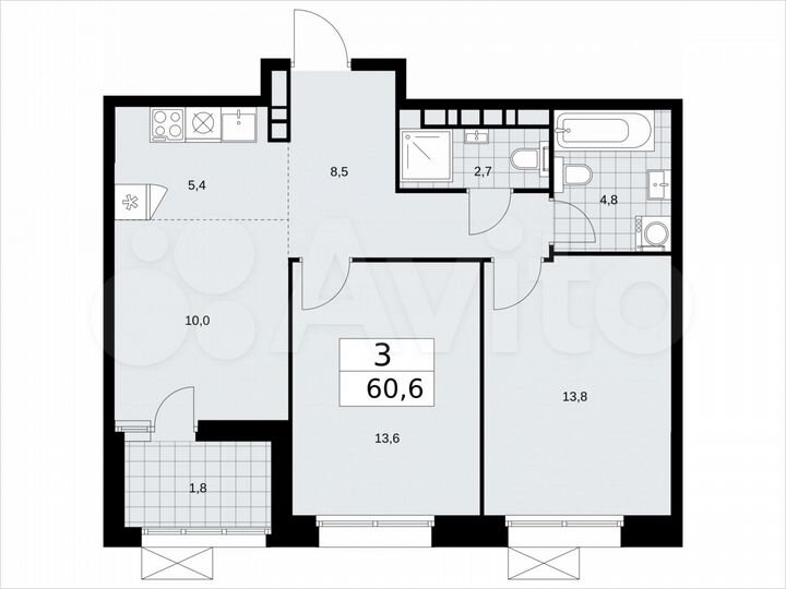 3-к. квартира, 60,6 м², 17/21 эт.