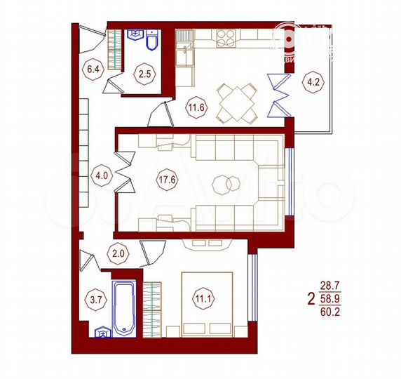 2-к. квартира, 60,2 м², 2/17 эт.