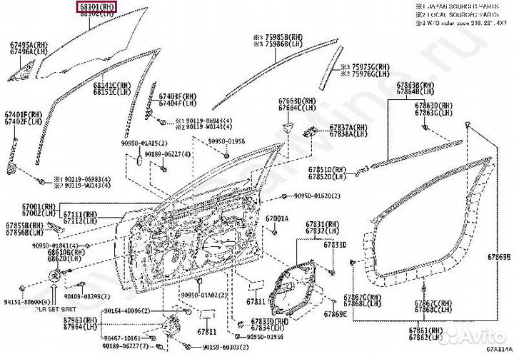 Стекло передней двери rh+lh на Тойота Камри 70