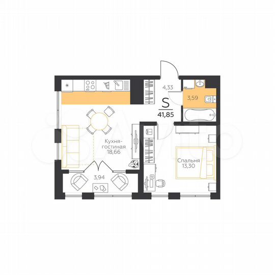 1-к. квартира, 41,9 м², 1/5 эт.