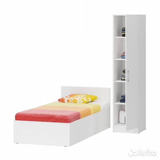 Кровать белая односпальная 900 с пеналом Стандарт, цвет белый, спальное место 900х2000 мм., без матр