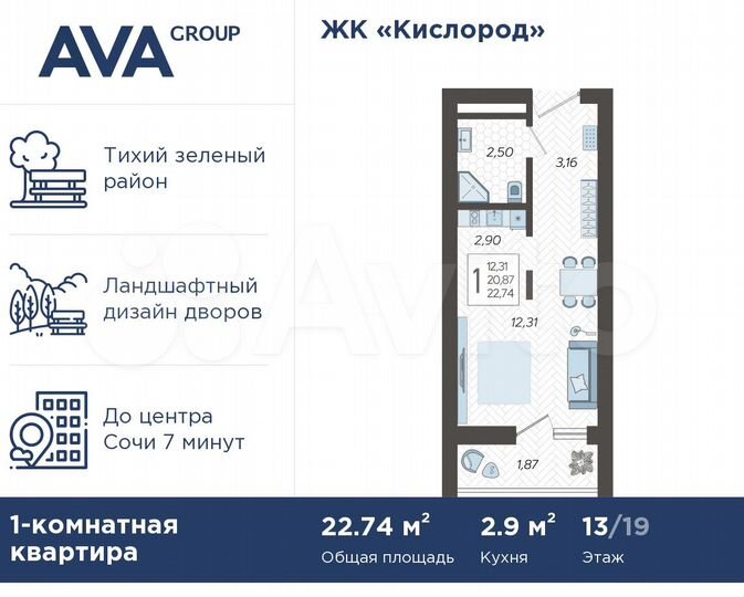 Квартира-студия, 22,7 м², 13/19 эт.