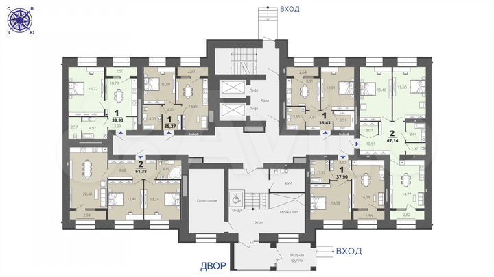 2-к. квартира, 67,1 м², 1/16 эт.