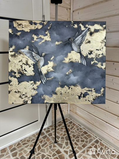 Стильная картина маслом в интерьер с золотом