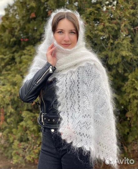 Палантин белый Шарф вязаный ручная работа