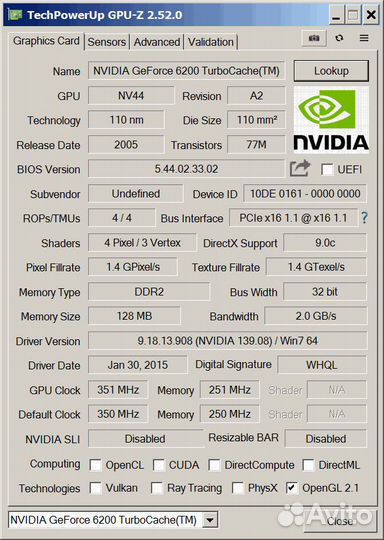 Видеокарта Nvidia GeForce 6200TC 128Mb (рабочая)