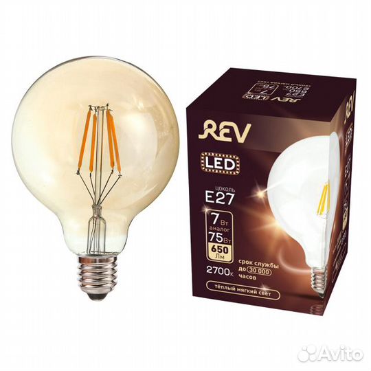 Лампа филаментная REV 7Вт E27 560лм 2700K 220В шар