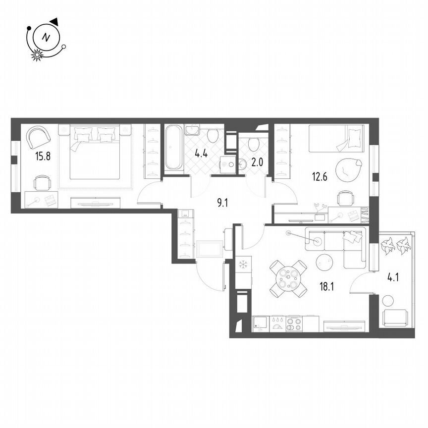 2-к. квартира, 64,1 м², 4/12 эт.