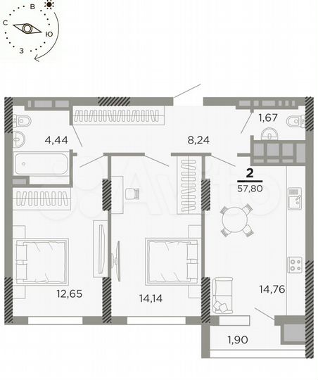 2-к. квартира, 57,8 м², 18/24 эт.