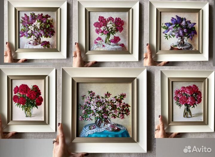 Картина на холсте с цветами в раме 30Х30 см