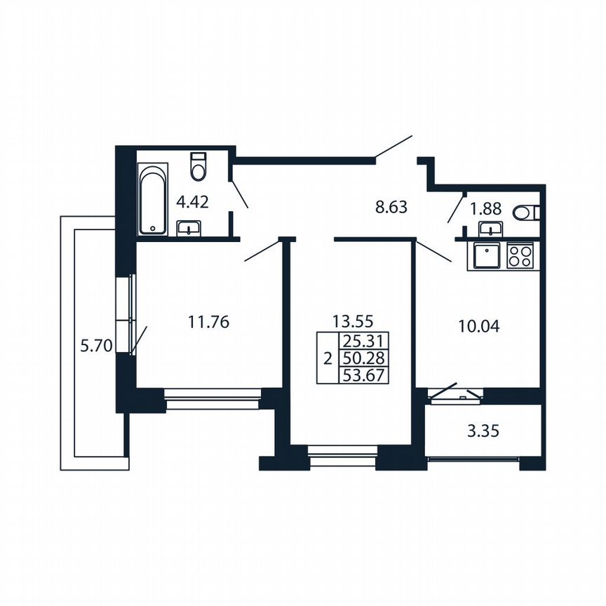 2-к. квартира, 53,7 м², 11/12 эт.