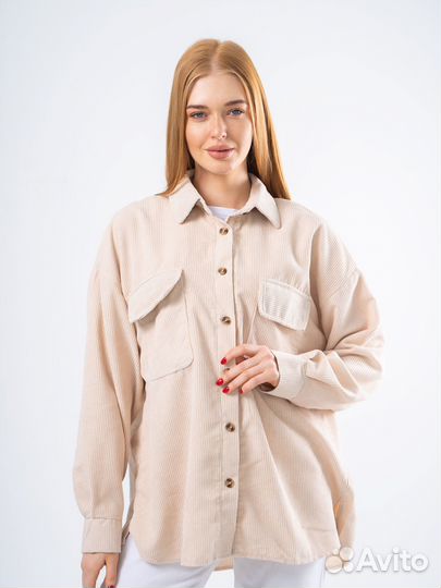 Женская бежевая Рубашка вельветовая оверсайз
