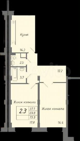 2-к. квартира, 73,3 м², 7/16 эт.