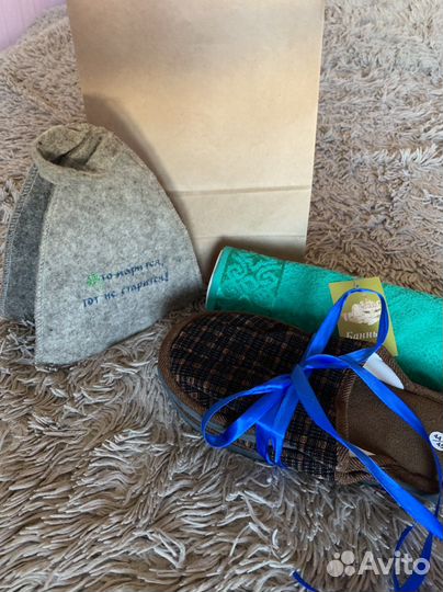 Банный набор мужской, тапки, шапка, полотенце