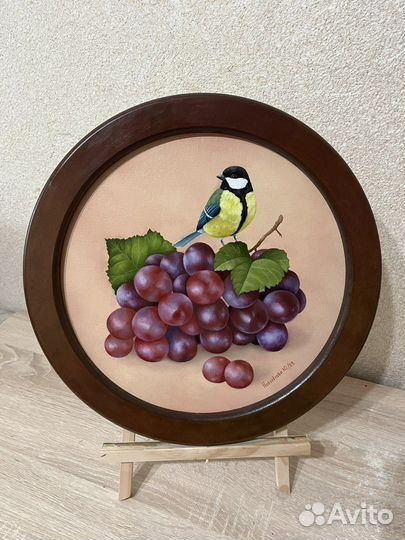 Картина Синица и виноград масло холст 30см