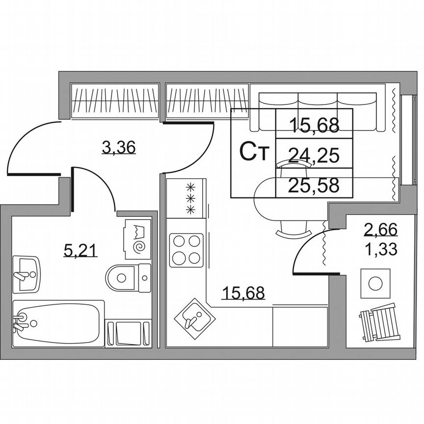 Квартира-студия, 25,6 м², 5/19 эт.