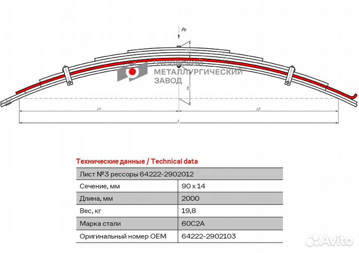 Лист рессоры передней № 3 маз-64222 чмз