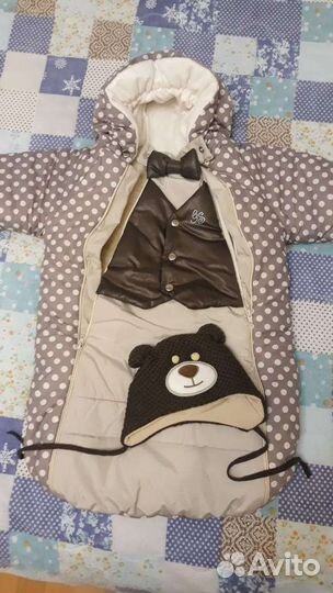 Зимний конверт на выписку на мальчика и комбинезон