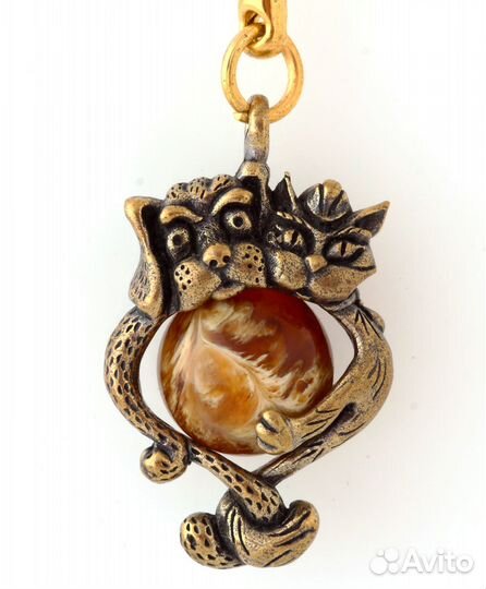 Брелок для ключей Кот и Собака латунь янтарь