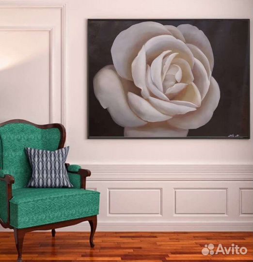 Картина маслом белая роза на черном