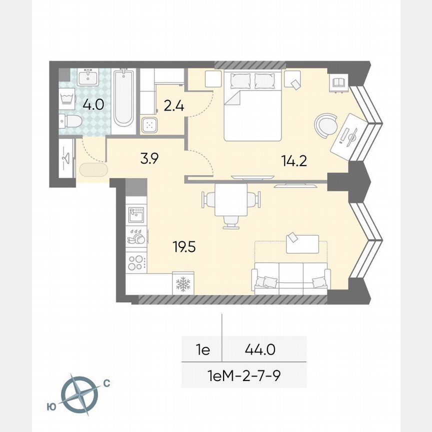 1-к. квартира, 44 м², 8/43 эт.