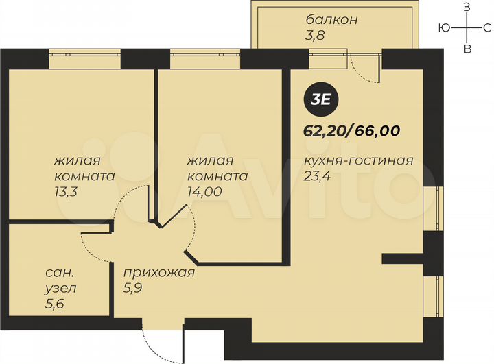 3-к. апартаменты, 66 м², 2/25 эт.