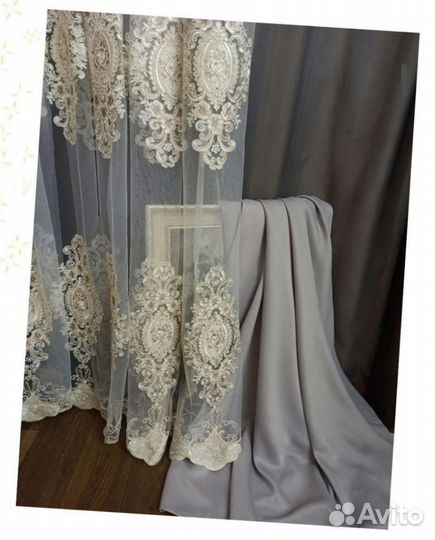 Тюль красивый с бархатными вставками и стразами