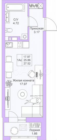 Квартира-студия, 27,5 м², 15/25 эт.