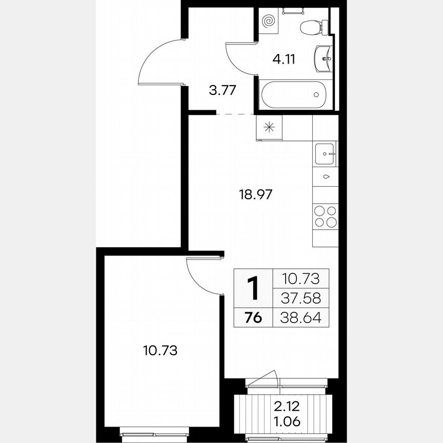 1-к. квартира, 38,6 м², 6/12 эт.