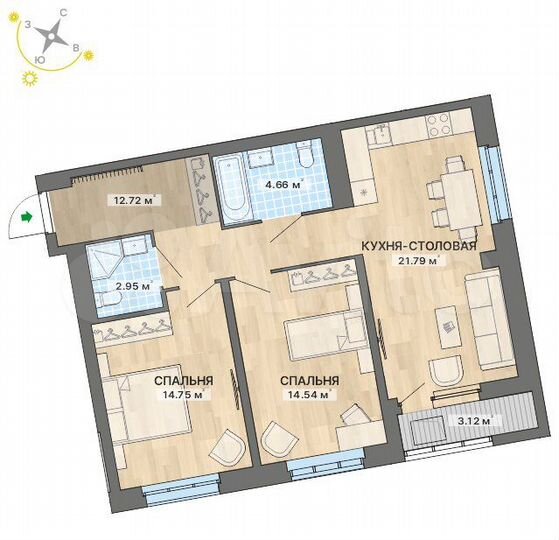 2-к. квартира, 74,5 м², 9/10 эт.