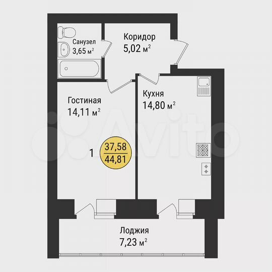 1-к. квартира, 44,8 м², 4/9 эт.