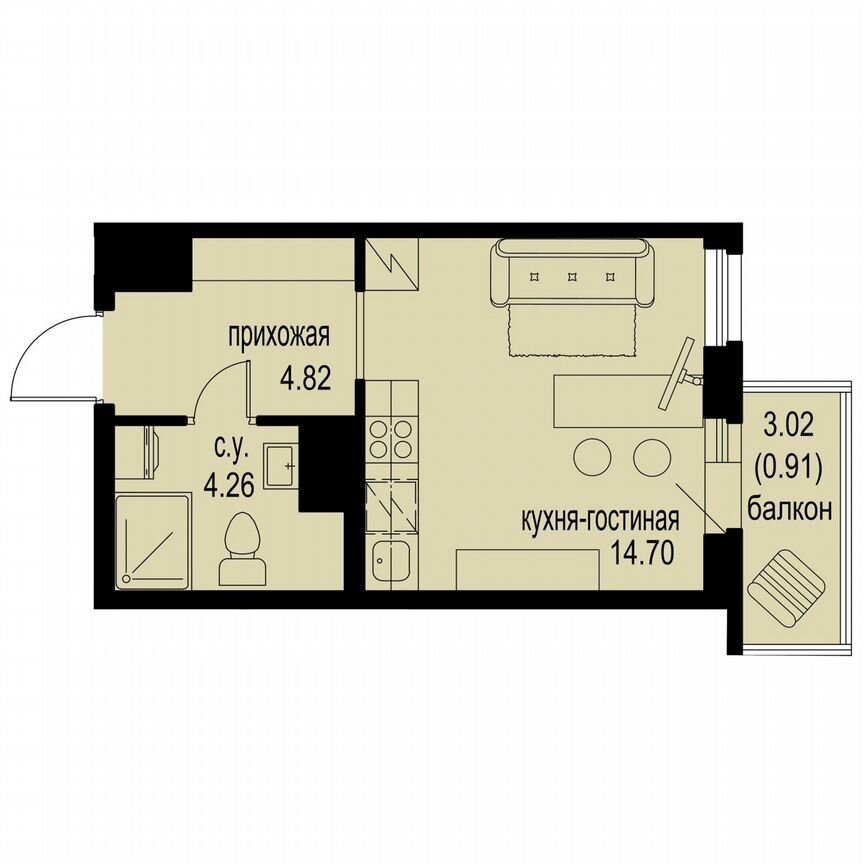 Квартира-студия, 24,7 м², 6/12 эт.